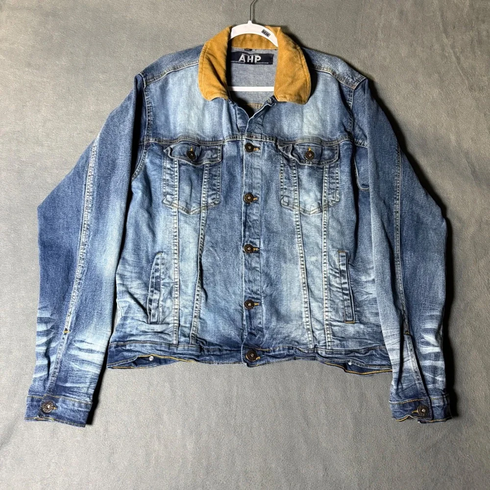 AHP Mens XL Blue Denim Trucker Jacket Corduroy Collar Sandblasted Stretch Cotton